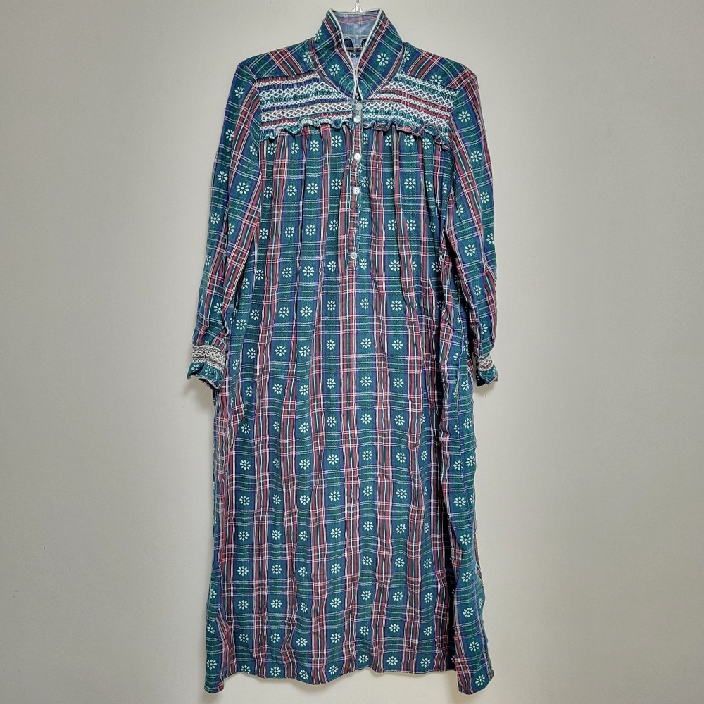 Lanz of Salzburg Red Plaid Flannel Nightgown Cotton Long Sleeve Maxi Winter Sz S - Picture 2 of 9
